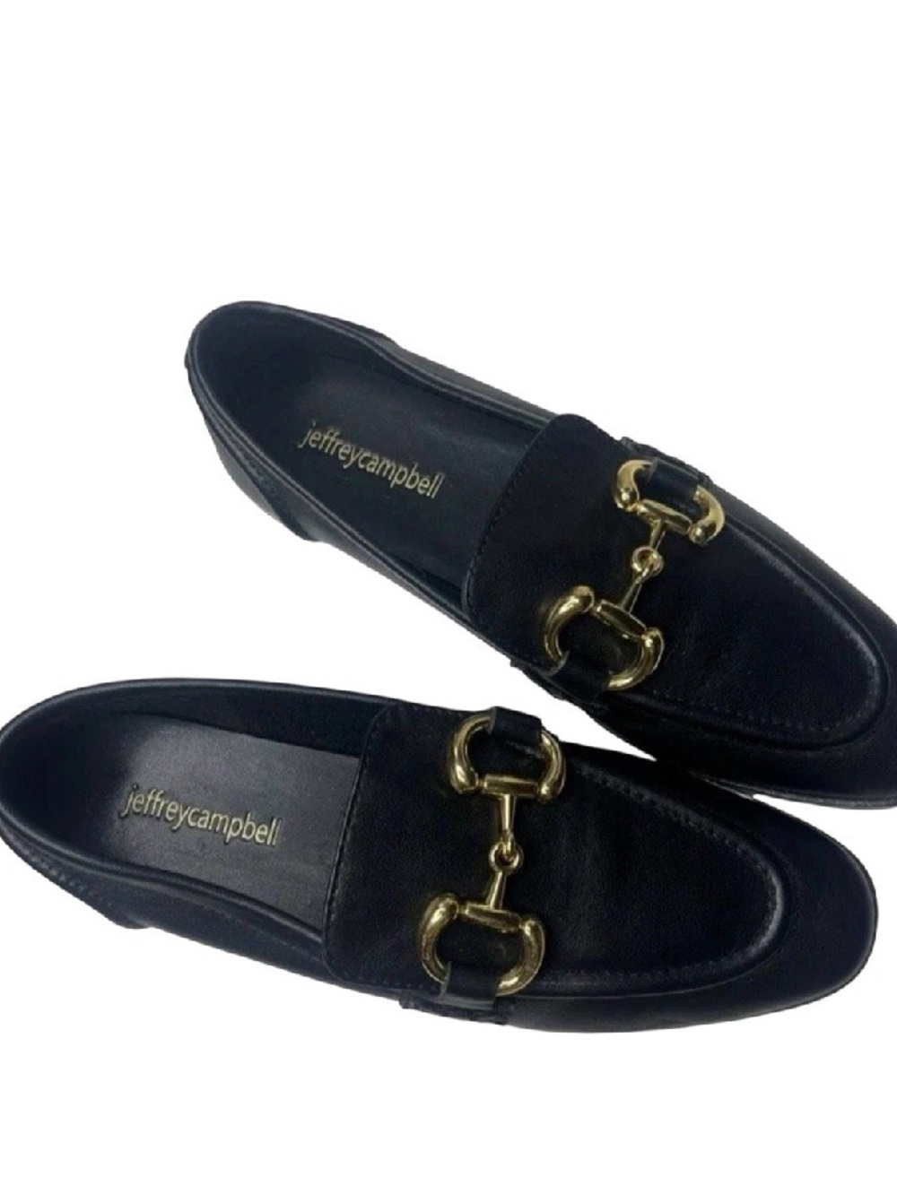 Jeffrey Campbell Black Leather Loafers with Gold Horsebit